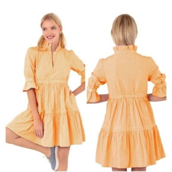 Gretchen Scott Teardrop Orange Stripe Dress Women's Size Medium Ruffle Tiered - Picture 2 of 6